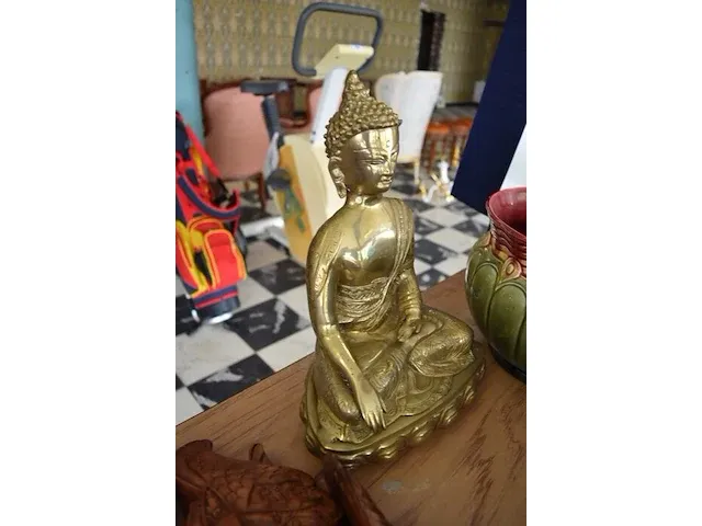Koperen boedha ca. 30cm, houten boedha ca. 25cm - afbeelding 5 van  5