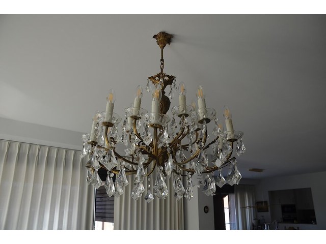 Koperen luster met kristal 15 lichtpunten - afbeelding 1 van  8