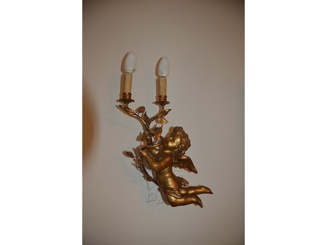 Koperen petroleum lamp, 2 koperkleurige wandlichten "engeltjes" - afbeelding 4 van  8