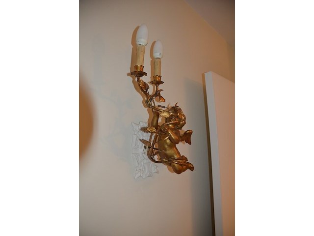 Koperen petroleum lamp, 2 koperkleurige wandlichten "engeltjes" - afbeelding 5 van  8