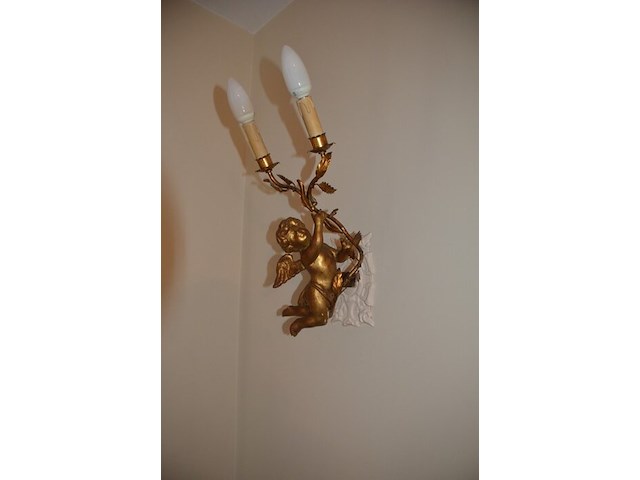 Koperen petroleum lamp, 2 koperkleurige wandlichten "engeltjes" - afbeelding 6 van  8