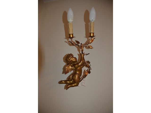 Koperen petroleum lamp, 2 koperkleurige wandlichten "engeltjes" - afbeelding 7 van  8