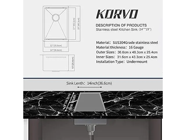 Korvo inbouwspoelbak 36 cm* 48 cm (rvs304) met bamboe snijplank - afbeelding 3 van  4