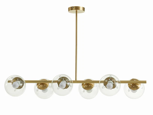 Kroonluchter van geborsteld messing - 6 glazen bollen - b. 98 cm - goud - afbeelding 2 van  7