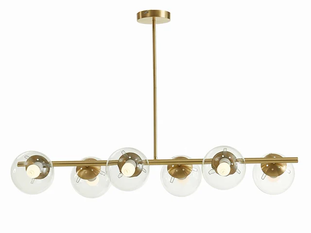 Kroonluchter van geborsteld messing - 6 glazen bollen - b. 98 cm - goud - afbeelding 3 van  7