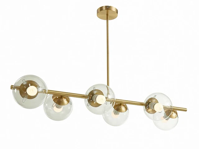 Kroonluchter van geborsteld messing - 6 glazen bollen - b. 98 cm - goud - afbeelding 4 van  7