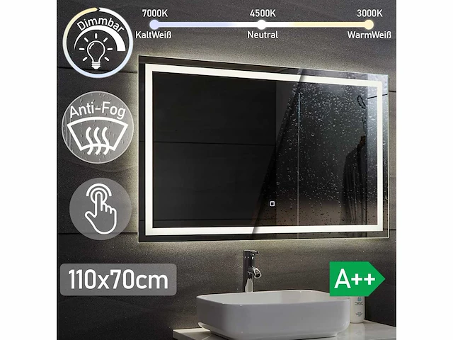 Led badkamerspiegel - 110 x 70 cm, cee:a++, tactiel, wandmontage, anti-condens - afbeelding 2 van  4