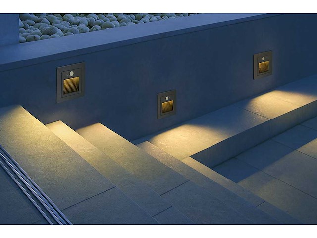 Led trapverlichting met sensor – 3w – 270 lm – 3000k witwarm – ip65 waterdicht – inbouw vierkant – antraciet (ly03) (x10) - afbeelding 1 van  5