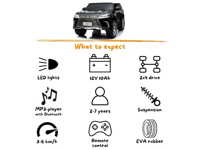 Lexus lx570 elektrisc he kinderauto 12v - 2-zits - 1 tot 5 jaar - rubberen banden - zwart (nieuw) - afbeelding 5 van  7