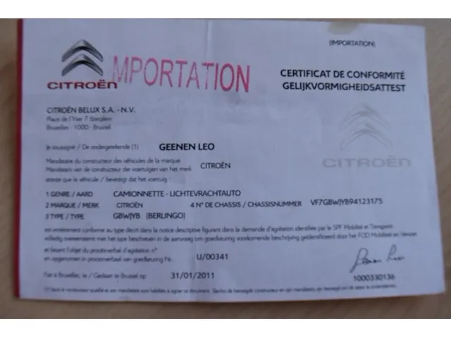 Lichte vrachtwagen citroen berlingo, type gbwjyb, ch.nr. vf7gbwjyb94123175, (start niet, slot kapot) (sleutel , boorddocumenten: inschrijvingsbewijs deel i en gelijkvormigheidsattest) (1) - afbeelding 8 van  24