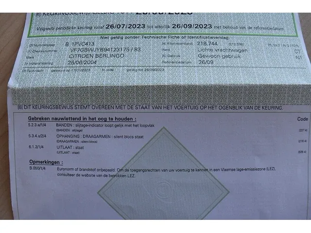 Lichte vrachtwagen citroen berlingo, type gbwjyb, ch.nr. vf7gbwjyb94123175, (start niet, slot kapot) (sleutel , boorddocumenten: inschrijvingsbewijs deel i en gelijkvormigheidsattest) (1) - afbeelding 9 van  24