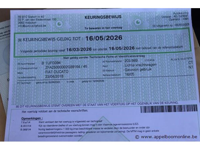 Lichte vrachtwagen fiat ducato, datum 1ste inschrijving 23/4/2018, chassisnummer zfa250000002g89164, 215026km, euro 6b, co2 165, kenteken i+ii, gelijkvormigheidssattest - afbeelding 13 van  13