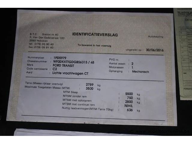 Lichte vrachtwagen ford transit, datum 1ste inschrijving 13/6/2016, chassisnummer wf0dxxttgdgb56315, km-stand 39.050 - afbeelding 10 van  20