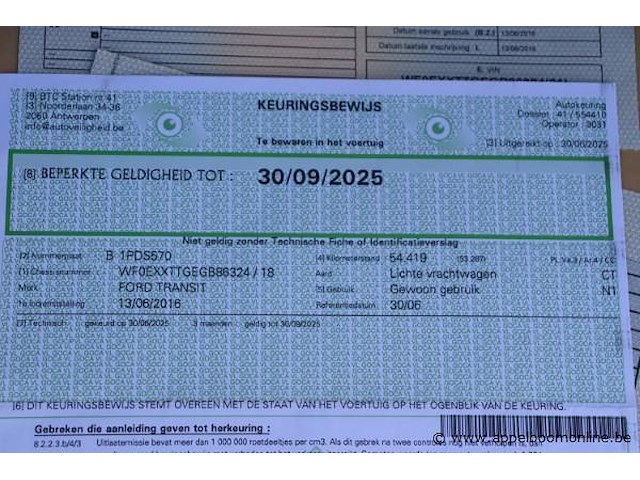 Lichte vrachtwagen ford transit, datum 1ste inschrijving 13/6/2016, chassisnummer wf0exxttgegb86324, km-stand keuring 30/6/25 54,419, euro 5b, kenteken + gelijkvormigheidsattest - afbeelding 3 van  13