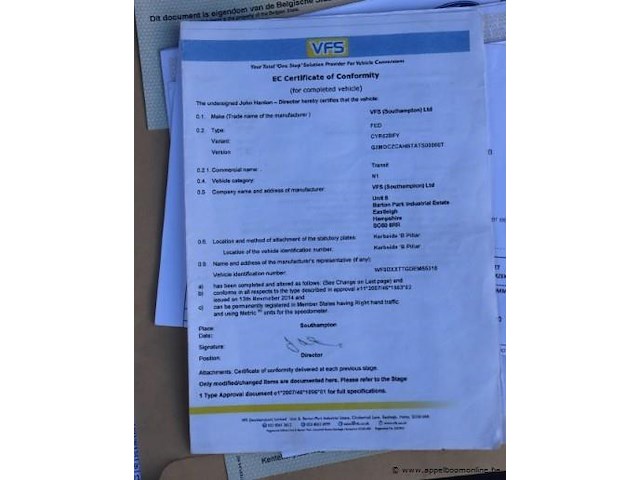 Lichte vrachtwagen ford transit, datum 1ste inschrijving 22/12/2014, chassisnummer wf0dxxttgdem55318, 29032km, kipper, euro 5b, diesel, co2 222, kenteken i+ii, gelijkvormigheidssattest - afbeelding 6 van  15