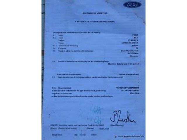 Lichte vrachtwagen ford transit, datum 1ste inschrijving 22/12/2014, chassisnummer wf0dxxttgdem55370, 33725km, euro 5, diesel, kipper, co2 222, kenteken i+ii, gelijkvormigheidssattest - afbeelding 6 van  17