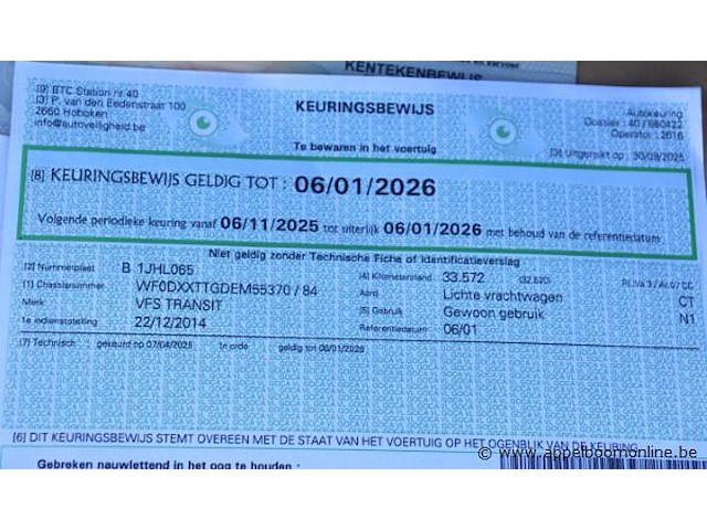 Lichte vrachtwagen ford transit, datum 1ste inschrijving 22/12/2014, chassisnummer wf0dxxttgdem55370, 33725km, euro 5, diesel, kipper, co2 222, kenteken i+ii, gelijkvormigheidssattest - afbeelding 7 van  17
