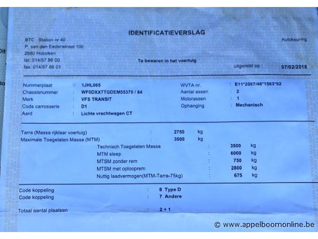 Lichte vrachtwagen ford transit, datum 1ste inschrijving 22/12/2014, chassisnummer wf0dxxttgdem55370, 33725km, euro 5, diesel, kipper, co2 222, kenteken i+ii, gelijkvormigheidssattest - afbeelding 8 van  17
