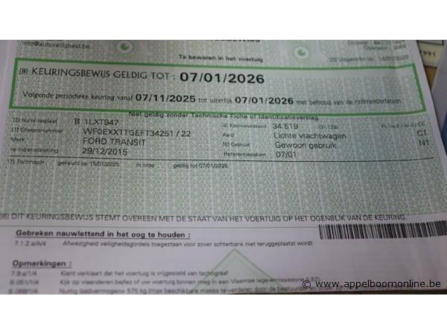 Lichte vrachtwagen ford transit, datum 1ste inschrijving 29/12/2014, chassisnummer wf0exxttgeft34251, 36725km, euro 5, diesel, kipper, co2 212, kenteken i+ii, gelijkvormigheidssattest - afbeelding 5 van  15