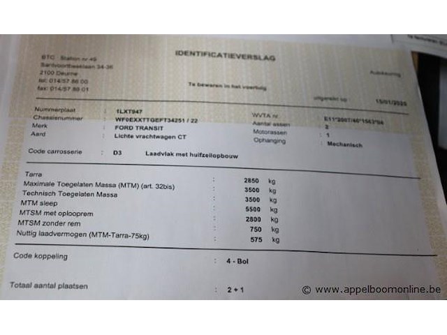Lichte vrachtwagen ford transit, datum 1ste inschrijving 29/12/2014, chassisnummer wf0exxttgeft34251, 36725km, euro 5, diesel, kipper, co2 212, kenteken i+ii, gelijkvormigheidssattest - afbeelding 6 van  15