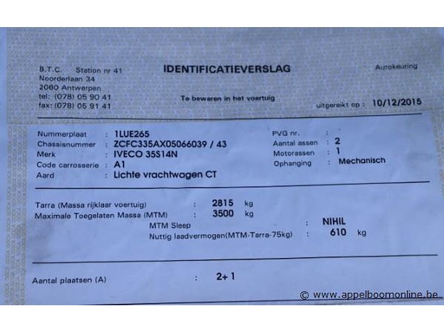 Lichte vrachtwagen iveco 35s, datum1ste inschrijving 7/12/2015, chassisnummer zcgfc335ax05066039, 55410km, euro vi, cng, c02 247, kenteken i+ii, gelijkvormigheidssattest - afbeelding 6 van  16