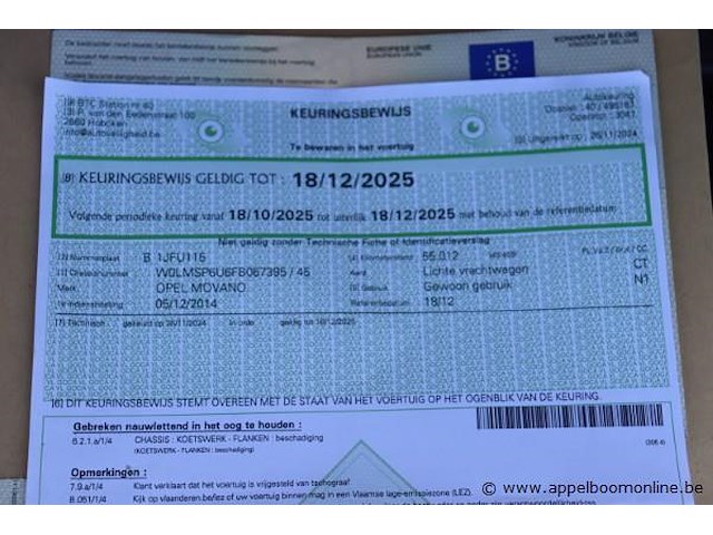 Lichte vrachtwagen opel movano, datum 1ste inschrijving 5/12/2014, chassisnummer w0lmsp6u6fb067395, dubbel cabine, km-stand keuring op 11/24 55,012, euro 5b, kenteken i+ii, gelijkvormigheidssattest - afbeelding 5 van  17