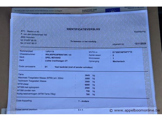 Lichte vrachtwagen opel movano, datum 1ste inschrijving 5/12/2014, chassisnummer w0lmsp6u6fb067395, dubbel cabine, km-stand keuring op 11/24 55,012, euro 5b, kenteken i+ii, gelijkvormigheidssattest - afbeelding 6 van  17