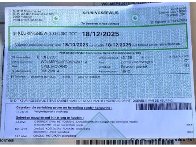 Lichte vrachtwagen opel movano, datum 1ste inschrijving 5/12/2014, chassisnummer w0lmsp6u6fb067426, 45197km, euro 5b, dubbel cabine, diesel, co2 248, kenteken i+ii, gelijkvormigheidssattest - afbeelding 4 van  15