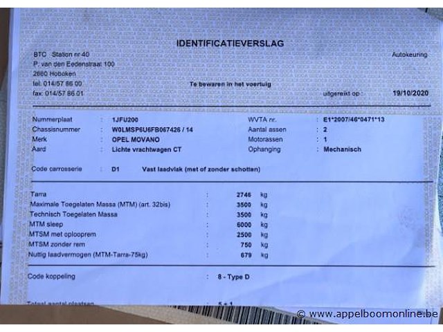 Lichte vrachtwagen opel movano, datum 1ste inschrijving 5/12/2014, chassisnummer w0lmsp6u6fb067426, 45197km, euro 5b, dubbel cabine, diesel, co2 248, kenteken i+ii, gelijkvormigheidssattest - afbeelding 5 van  15