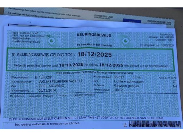 Lichte vrachtwagen opel movano, datum 1ste inschrijving 5/12/2014, chassisnummer w0lmsp6u6fb067429, dubbel cabine, km-stand keuring op 12/24 35,627, euro 5b, diesel, co2 248, kenteken i+ii, gelijkvormigheidssattest - afbeelding 4 van  13