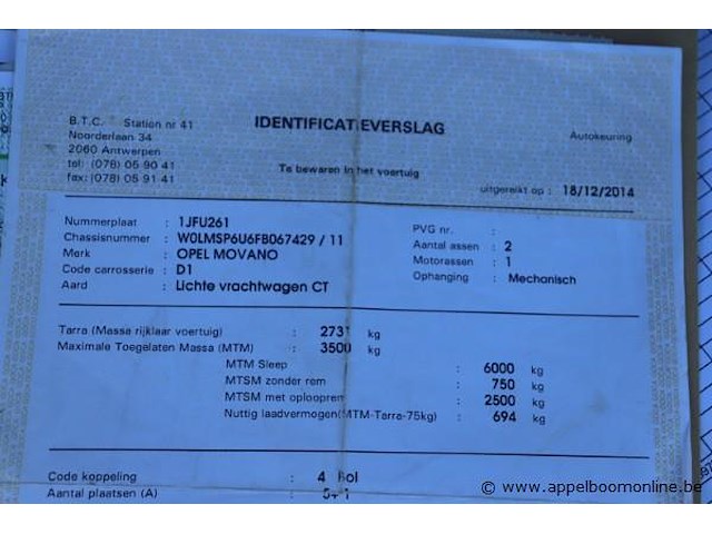 Lichte vrachtwagen opel movano, datum 1ste inschrijving 5/12/2014, chassisnummer w0lmsp6u6fb067429, dubbel cabine, km-stand keuring op 12/24 35,627, euro 5b, diesel, co2 248, kenteken i+ii, gelijkvormigheidssattest - afbeelding 5 van  13