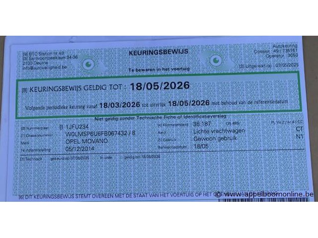 Lichte vrachtwagen opel movano, datum 1ste inschrijving 5/12/2014, chassisnummer w0lmsp6u6fb067429, dubbel cabine, km-stand keuring op 5/25 38,187, euro 5b, diesel, co2 248, kenteken i+ii, gelijkvormigheidssattest - afbeelding 4 van  13