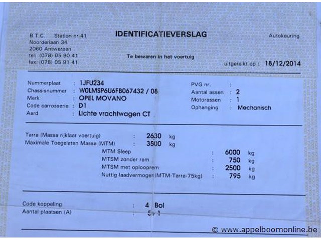 Lichte vrachtwagen opel movano, datum 1ste inschrijving 5/12/2014, chassisnummer w0lmsp6u6fb067429, dubbel cabine, km-stand keuring op 5/25 38,187, euro 5b, diesel, co2 248, kenteken i+ii, gelijkvormigheidssattest - afbeelding 5 van  13