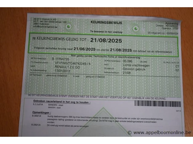 Lichte vrachtwagen renault z.e.oo/kangoo maxi, elektriciteit, 1e inschr 17/1/12,vf1fw0ztc46742249, 36040km, euro5, kenteken i+ii,gelijkvormigheidsattest,keuring tot 21/8/25,1sleutel - afbeelding 9 van  19