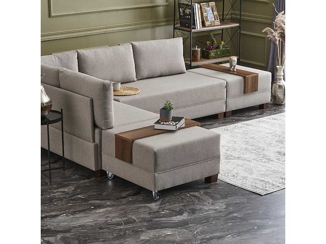 Linker hoekbank - crèmekleurige stof - afbeelding 6 van  12