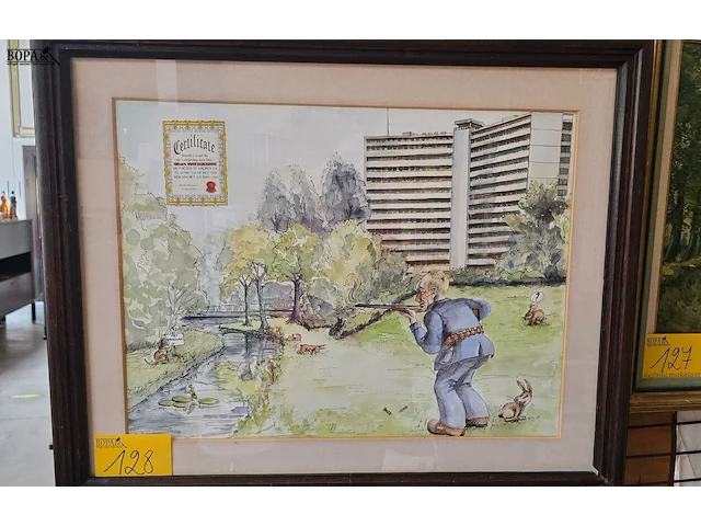 Lot 128 - leuke prent met certificaat van toelating jagen op domein va - afbeelding 1 van  5