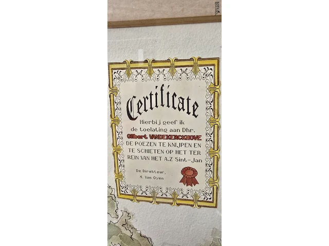 Lot 128 - leuke prent met certificaat van toelating jagen op domein va - afbeelding 4 van  5