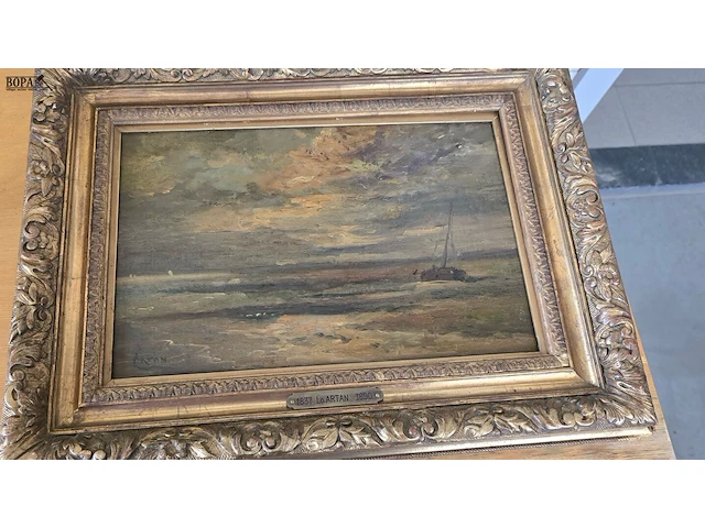 Lot 13 - schilderijtje in vergulde kader get louis artan - afbeelding 2 van  4