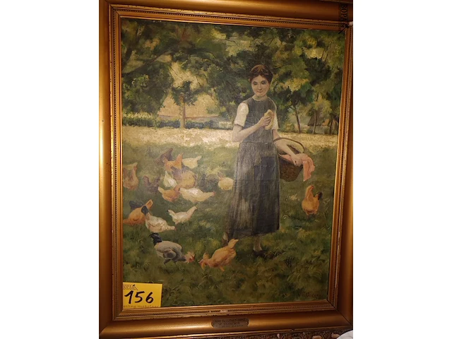 Lot 156 - schilderij vrouw met kippen - afbeelding 1 van  6