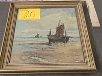 Lot 20 - schilderijtje van bootjes in kader, onleesbaar getekend - afbeelding 1 van  2