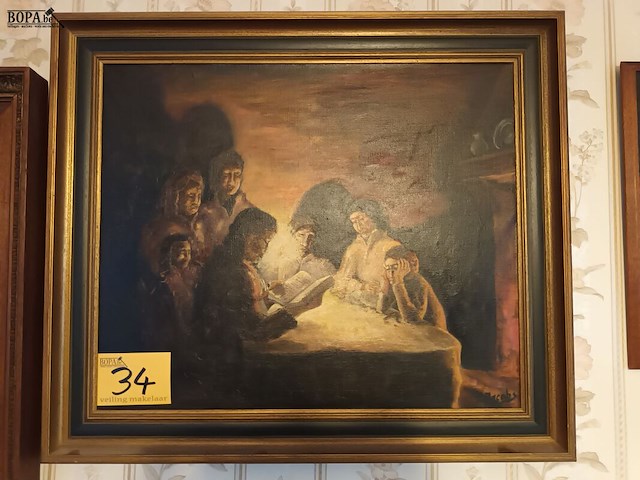 Lot 34 - schilderij lezen bij kaarslicht - afbeelding 1 van  3