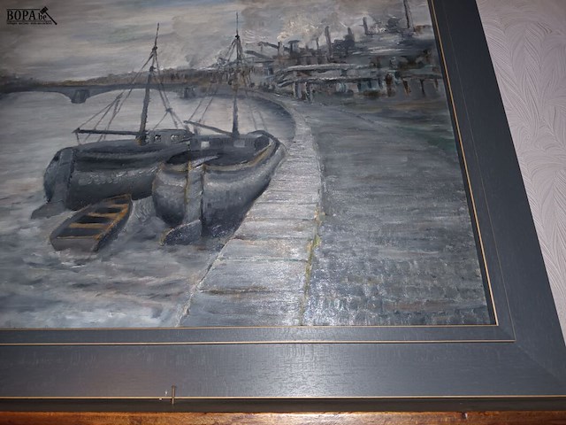 Lot 4 - schilderij boten aan de kade - afbeelding 2 van  3