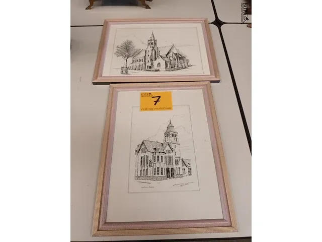 Lot 7 - kader met pentekening. 2 stuks - afbeelding 1 van  3