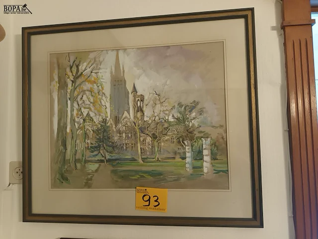 Lot 93 - schilderij kerk met bomen - afbeelding 1 van  4