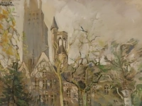 Lot 93 - schilderij kerk met bomen - afbeelding 3 van  4