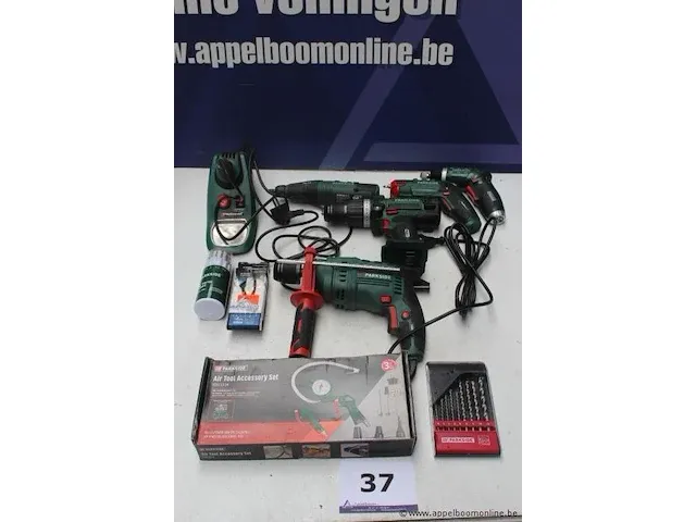 Lot diverse gereedschappen parkside, wo boorhamer, accu boormachine zonder accu, borenset, fijnboorslijpmachine, enz, werking niet gekend - afbeelding 1 van  4