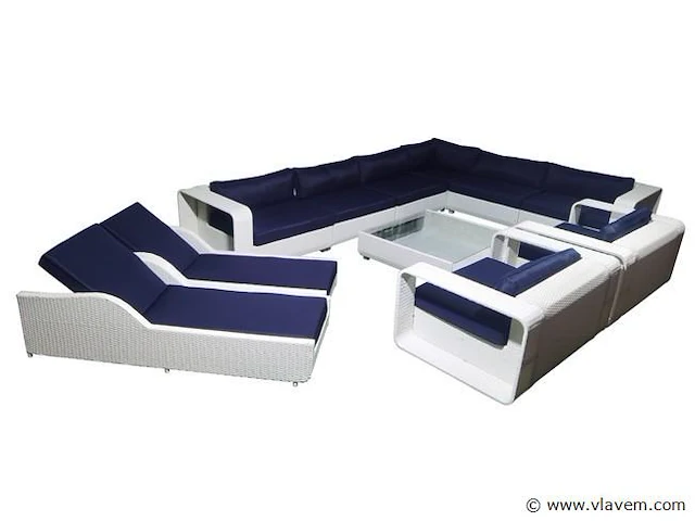 Loungeset 11-delig white wicker /donker blauwe kussens - afbeelding 1 van  2