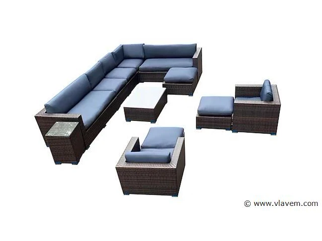 Loungeset 12-delig brown wicker / blauwe kussens - afbeelding 1 van  5