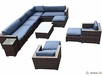 Loungeset 12-delig brown wicker / blauwe kussens - afbeelding 1 van  5