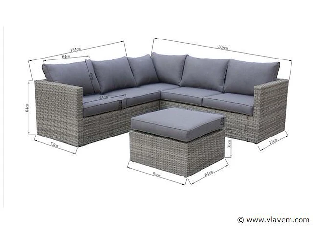 Loungeset 3-delig - lichtbruin wicker + grijze kussens - afbeelding 2 van  2